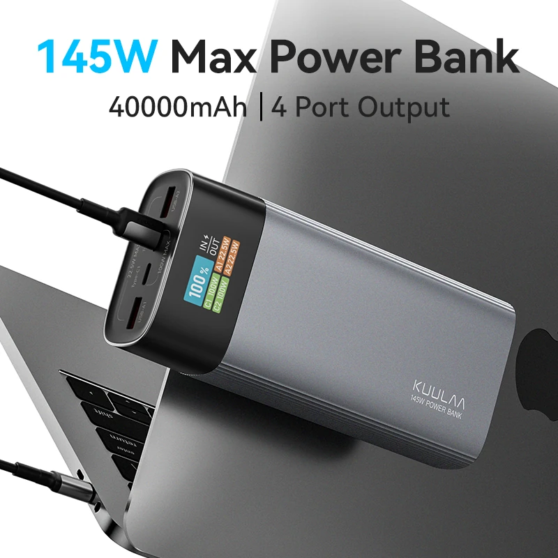 KUULAA KL-YD73 145W 148Wh 40000mAh Power Bank with TFT Digital Display External Battery Power Supply with 2 Inputs & 4 Outputs Support PD QC AFC SCP Fast Charging for iPhone 17 17 Pro 16 Pro Max 15 14 13 for Xiaomi 17pro for Samsung Galaxy S25 Ultra