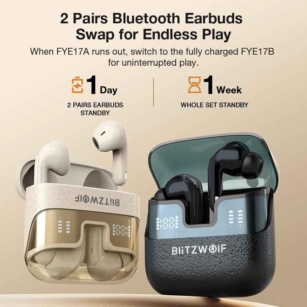 BlitzWolf® BW-FYE17 bluetooth Earphone 2-in-1 2 Pairs TWS Earbuds Dual LED Power Display 13mm Large Drivers Stereo Long Battery Life Portable Wireless Earphone with Mic