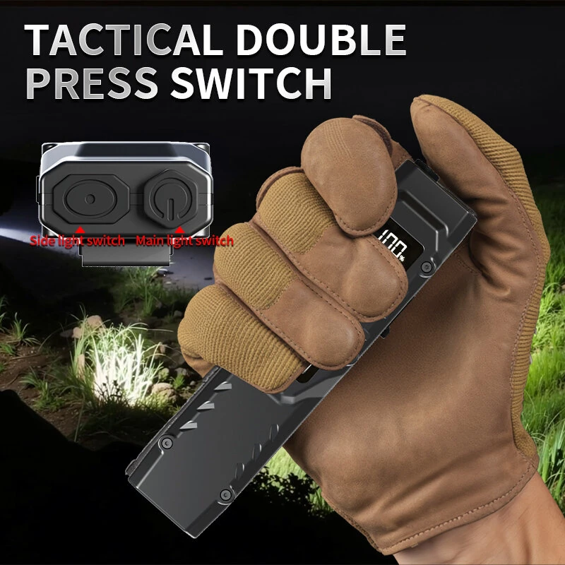 Bikight DT007 1200LM Portable Tactical Flashlight With Side Floodlight Double Tail Swich Ultra Bright Mini LED Torch Rechargeable Outdoor Hiking Camping Fishing Lamp