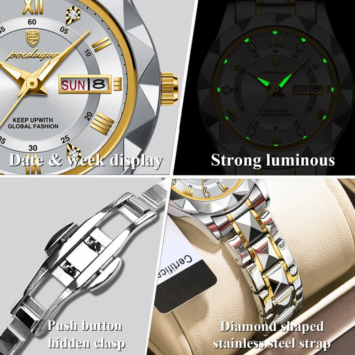 POEDAGAR Women Luxury Watch Luminous Waterproof Quartz Watch Analog Calendar Business Wrist Watch Date Watch Stainless Steel Ladies Wristwatch