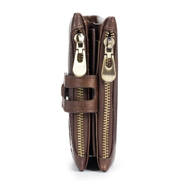 BULLCAPTAIN Mens Retro Genuine Leather Wallet RFID Anti-thef Multicard Slot Wallet Card Holder Double Zipper Coin Purse Cowhide Leather Wallet