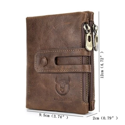 BULLCAPTAIN Mens Retro Genuine Leather Wallet RFID Anti-thef Multicard Slot Wallet Card Holder Double Zipper Coin Purse Cowhide Leather Wallet