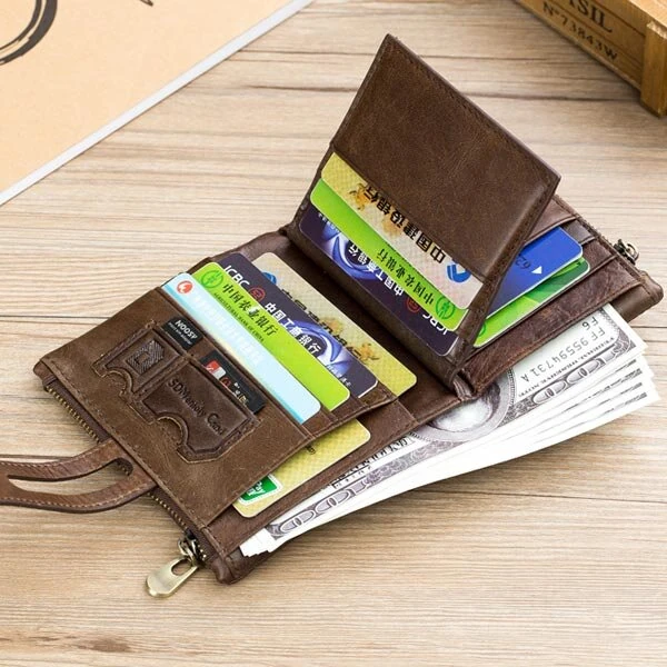 BULLCAPTAIN Mens Retro Genuine Leather Wallet RFID Anti-thef Multicard Slot Wallet Card Holder Double Zipper Coin Purse Cowhide Leather Wallet