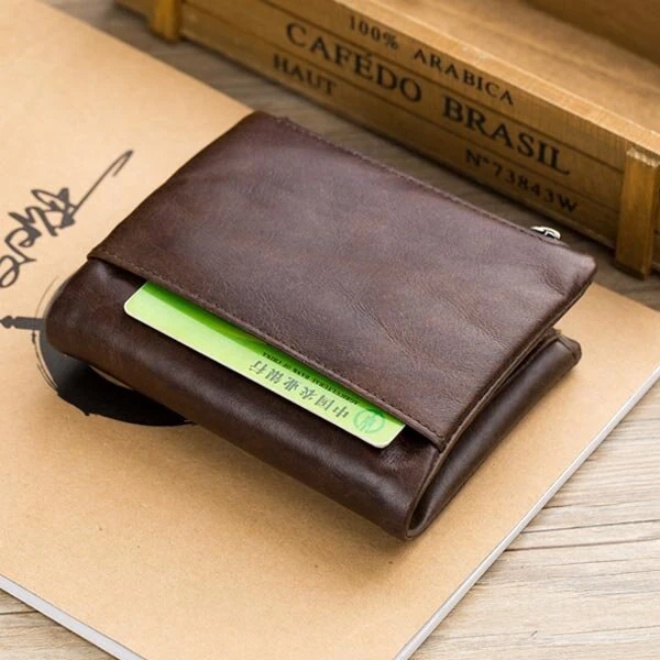 BULLCAPTAIN Mens Retro Genuine Leather Wallet RFID Anti-thef Multicard Slot Wallet Card Holder Double Zipper Coin Purse Cowhide Leather Wallet