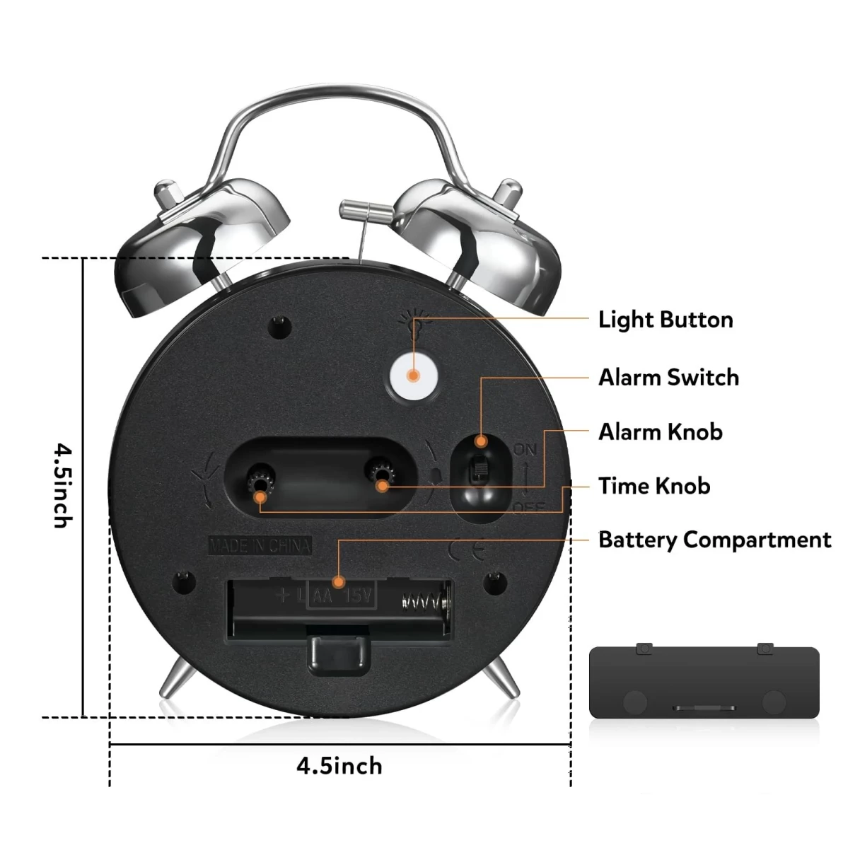 AGSIVO 4 Inch Loud Alarm Clock Twin Bell Analog for Heavy Sleepers Silent Non-Ticking Quartz with Backlight