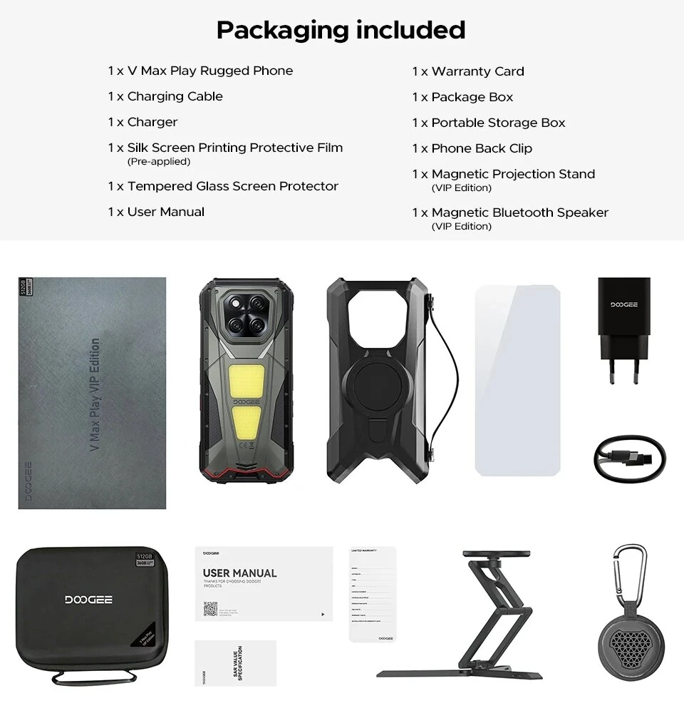 DOOGEE V Max Play 5G AI VIP Edition Built-in Projector 20500mAh 36GB 512GB 200MP Triple Camera Night Vision 6.78 inch 120Hz Loud Speaker Dual Camping Lights Android 15 Dimensity 7300 NFC IP68 IP69K Waterproof Rugged Smartphone