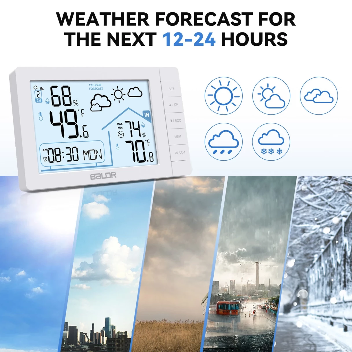 BALDR Weather Station Digital Thermometer Hygrometer Clock Small Weather Station Electronic Thermometer And Hygrometer With Temperature Humidity Time And Week Function