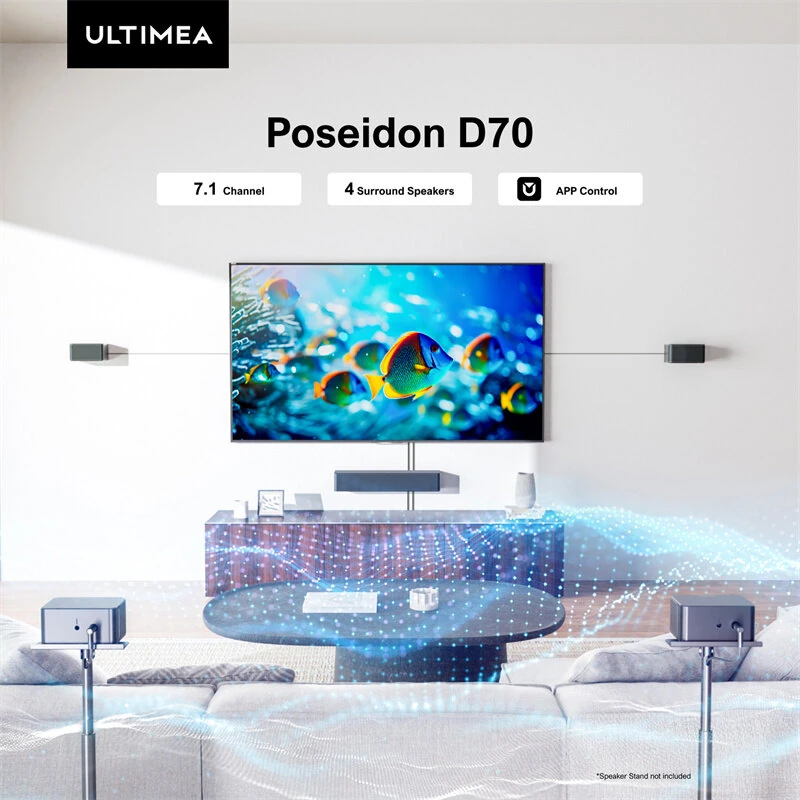 Ultimea Poseidon D70 410W 7.1CH Soundbar Virtual Surround Sound System with Smart APP Control 4 Wired Surround Speakers and 6.5" Wireless Subwoofer 121 Preset EQ Matrices BassMX SurroundX Home Theater SurroundX Soundbar Subwoofer