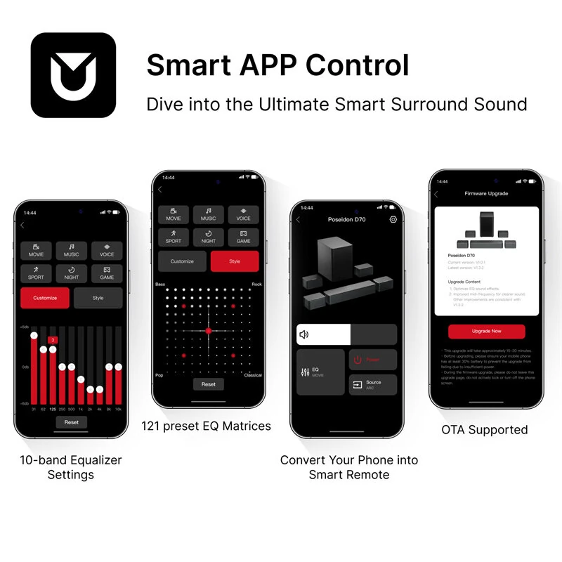 Ultimea Poseidon D70 410W 7.1CH Soundbar Virtual Surround Sound System with Smart APP Control 4 Wired Surround Speakers and 6.5" Wireless Subwoofer 121 Preset EQ Matrices BassMX SurroundX Home Theater SurroundX Soundbar Subwoofer