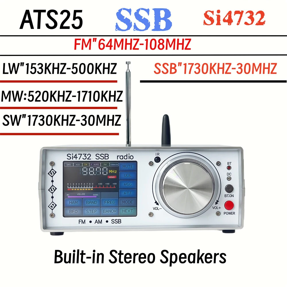 ATS-25 Full Band Radio Receiver Touch Screen Bluetooth RCA Stereo Output Rechargeable Lithium Battery Adjustable Bandwidth SSB FM SW MW LW