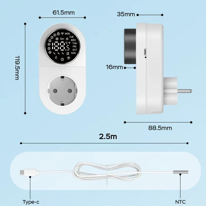 Tuya 1419 Wi-Fi Plug-in Smart Thermostat Socket with Timing Function LED Display Knob-type APP Control Temperature Socket Voice Control with Alexa Google Home