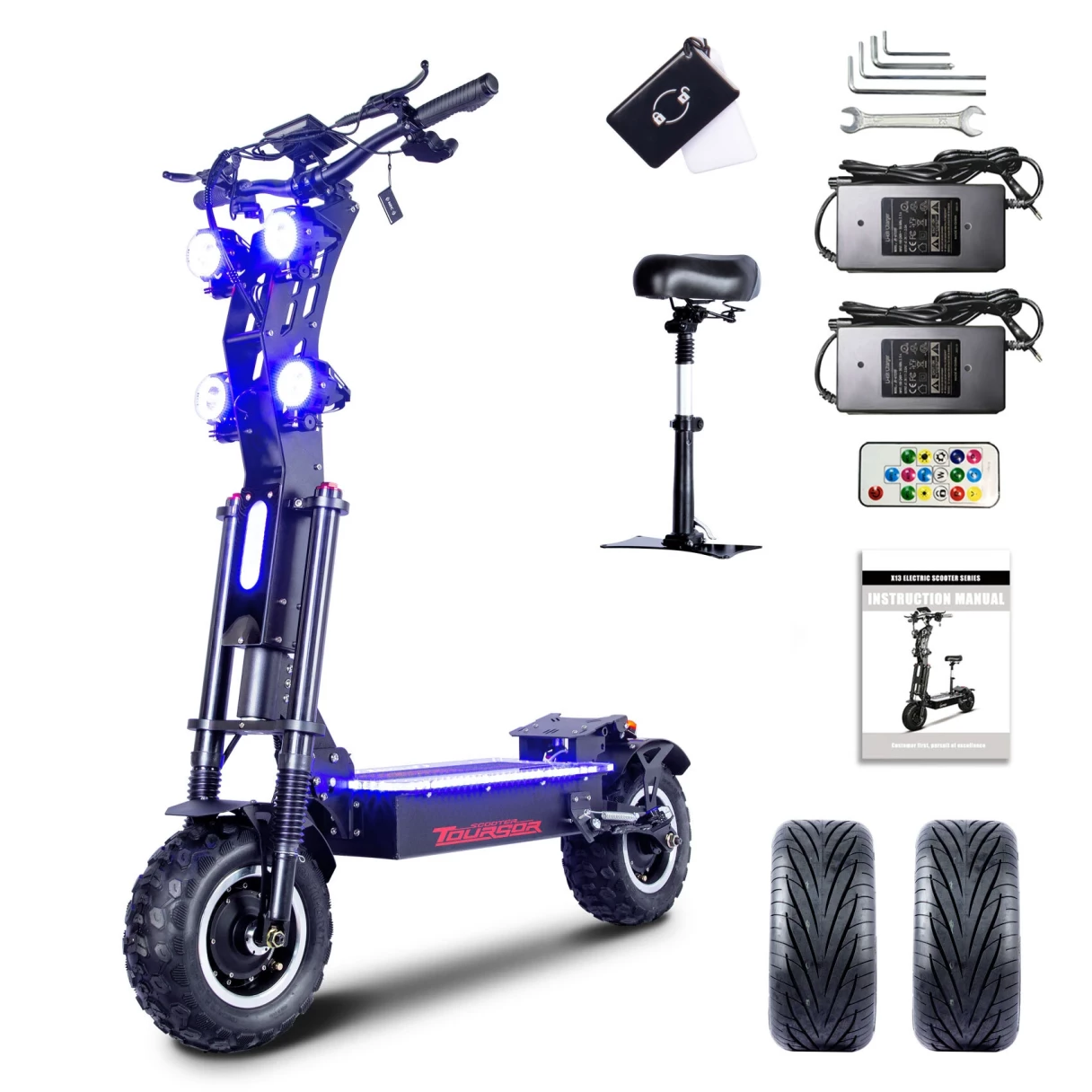 [EU Direct] TOURSOR X14 PRO Electric Scooter w/ Seat NFC Function 72V 40Ah Battery 72V 5000W*2 Dual Motors Motors Recommended Top Speed 25KM/H 13inch Off-road Tires Additional 13inch Road Tires 130KM Max Mileage 200KG Max Load Folding E-Scooter
