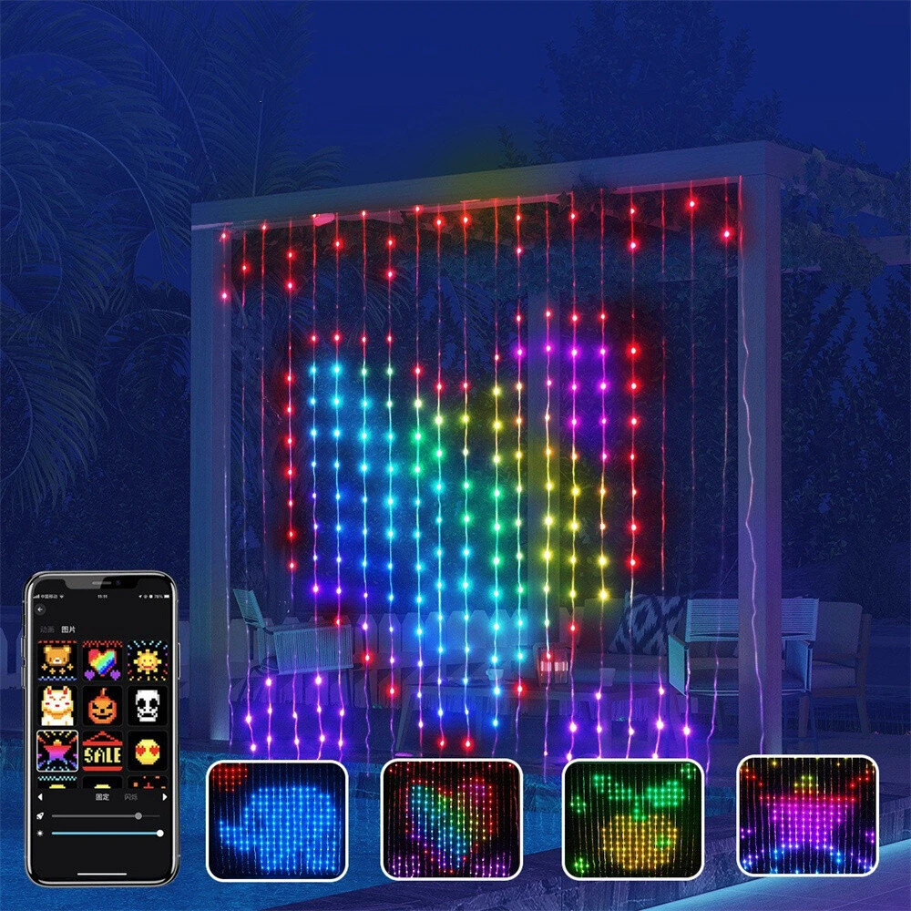 Elfeland Smart Curtain Lights Bluetooth APP Control RGBIC LED Strings Window Decor with Music Sync DIY Text & Patterns Display for Christmas Party Wedding