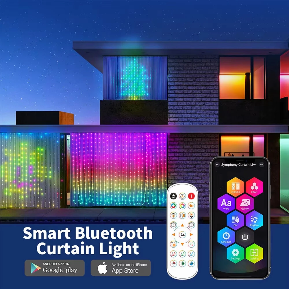 Elfeland Smart Curtain Lights Bluetooth APP Control RGBIC LED Strings Window Decor with Music Sync DIY Text & Patterns Display for Christmas Party Wedding