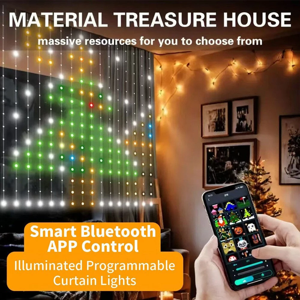 Elfeland Smart Curtain Lights Bluetooth APP Control RGBIC LED Strings Window Decor with Music Sync DIY Text & Patterns Display for Christmas Party Wedding