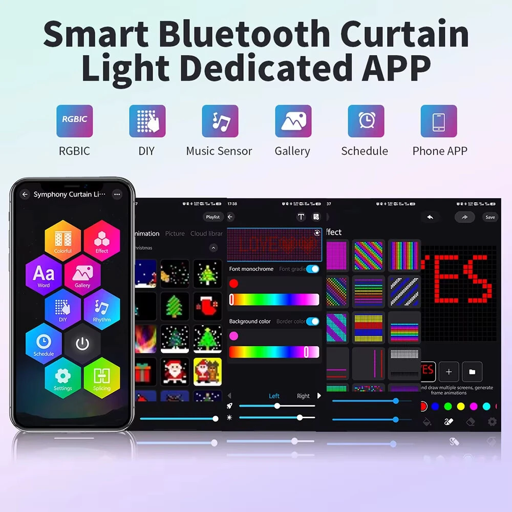 Elfeland Smart Curtain Lights Bluetooth APP Control RGBIC LED Strings Window Decor with Music Sync DIY Text & Patterns Display for Christmas Party Wedding