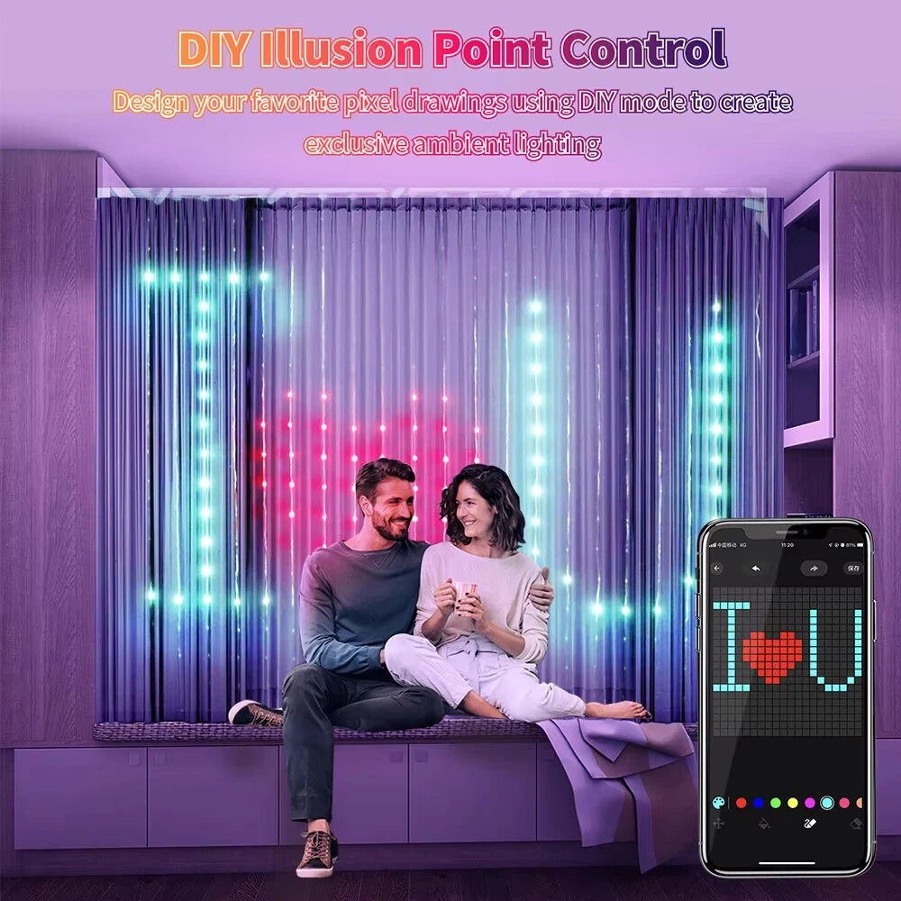 Elfeland Smart Curtain Lights Bluetooth APP Control RGBIC LED Strings Window Decor with Music Sync DIY Text & Patterns Display for Christmas Party Wedding