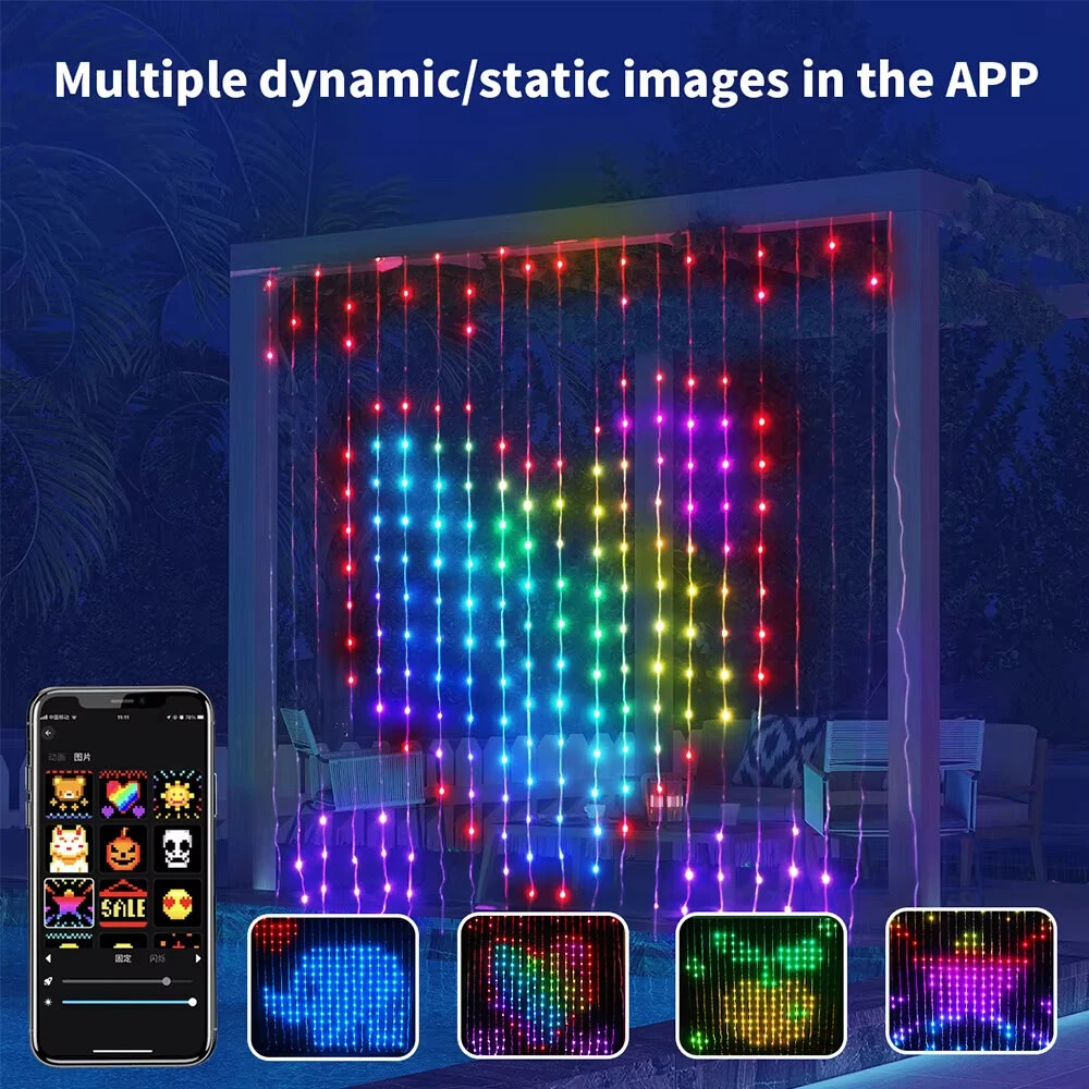 Elfeland Smart Curtain Lights Bluetooth APP Control RGBIC LED Strings Window Decor with Music Sync DIY Text & Patterns Display for Christmas Party Wedding
