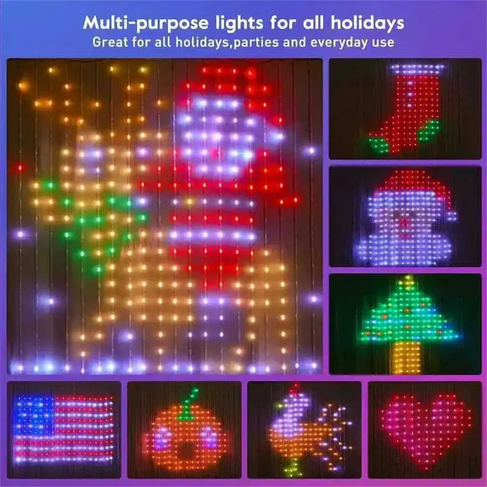 Elfeland Smart Curtain Lights Bluetooth APP Control RGBIC LED Strings Window Decor with Music Sync DIY Text & Patterns Display for Christmas Party Wedding