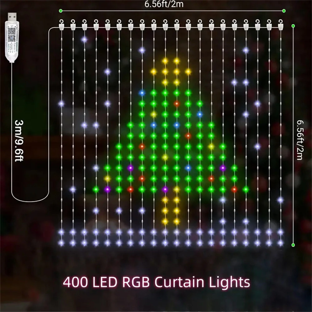 Elfeland Smart Curtain Lights Bluetooth APP Control RGBIC LED Strings Window Decor with Music Sync DIY Text & Patterns Display for Christmas Party Wedding