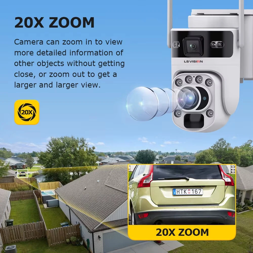 12MP 20X Optical Zoom 4G/WiFi Solar Camera Dual Screen PTZ PIR Detect Night Vision Auto Tracking Two-way Audio CCTV Surveillance Cameras
