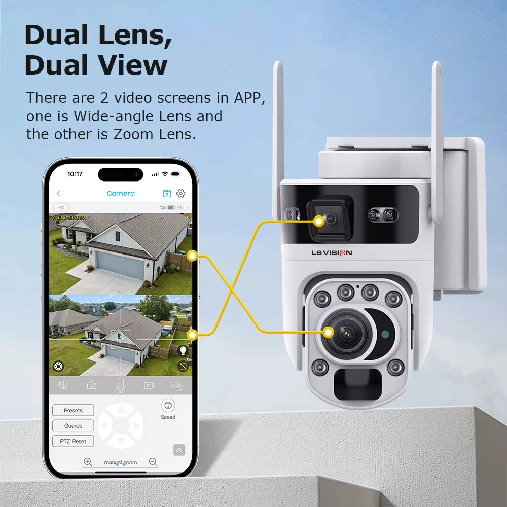 12MP 20X Optical Zoom 4G/WiFi Solar Camera Dual Screen PTZ PIR Detect Night Vision Auto Tracking Two-way Audio CCTV Surveillance Cameras