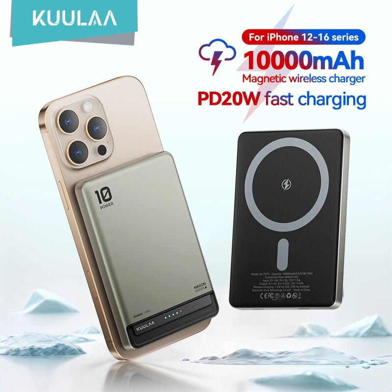 KUULAA KL-YD75 15W Wireless Magnetic Power Bank 20W 37Wh 10000mAh External Battery Power Supply with 1 Input & 2 Outputs Fast Charging for iPhone 16 16 Pro 15 14 13 Pro Max for Huawei Pura X for Xiaomi 15pro for Samsung Galaxy S25 Ultra