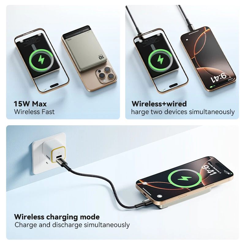 KUULAA KL-YD75 15W Wireless Magnetic Power Bank 20W 37Wh 10000mAh External Battery Power Supply with 1 Input & 2 Outputs Fast Charging for iPhone 16 16 Pro 15 14 13 Pro Max for Huawei Pura X for Xiaomi 15pro for Samsung Galaxy S25 Ultra