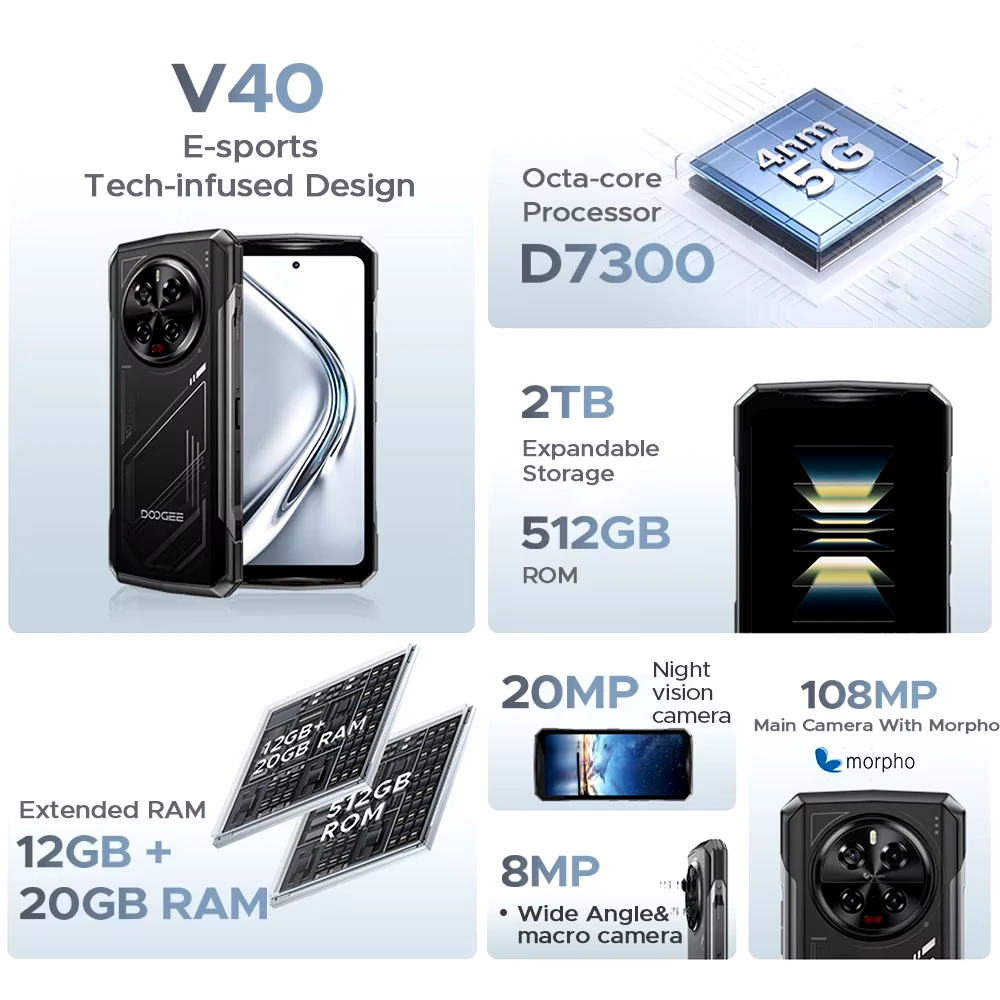 DOOGEE V40 5G 32GB 512GB 108MP Quad Camera Night Vision Dimensity 7300 6.78 inch 120Hz 8680mAh 33W Fast Charge WiFi 6 NFC IP68 IP69K Waterproof Octa Core Rugged Smartphone