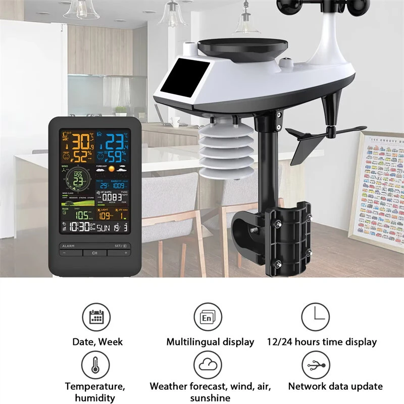 Tuya Smart WiFi Weather Station Alarm Digital Wind Speed Direction Rainfall Light Index Air Quality Temperature Humidity Meter