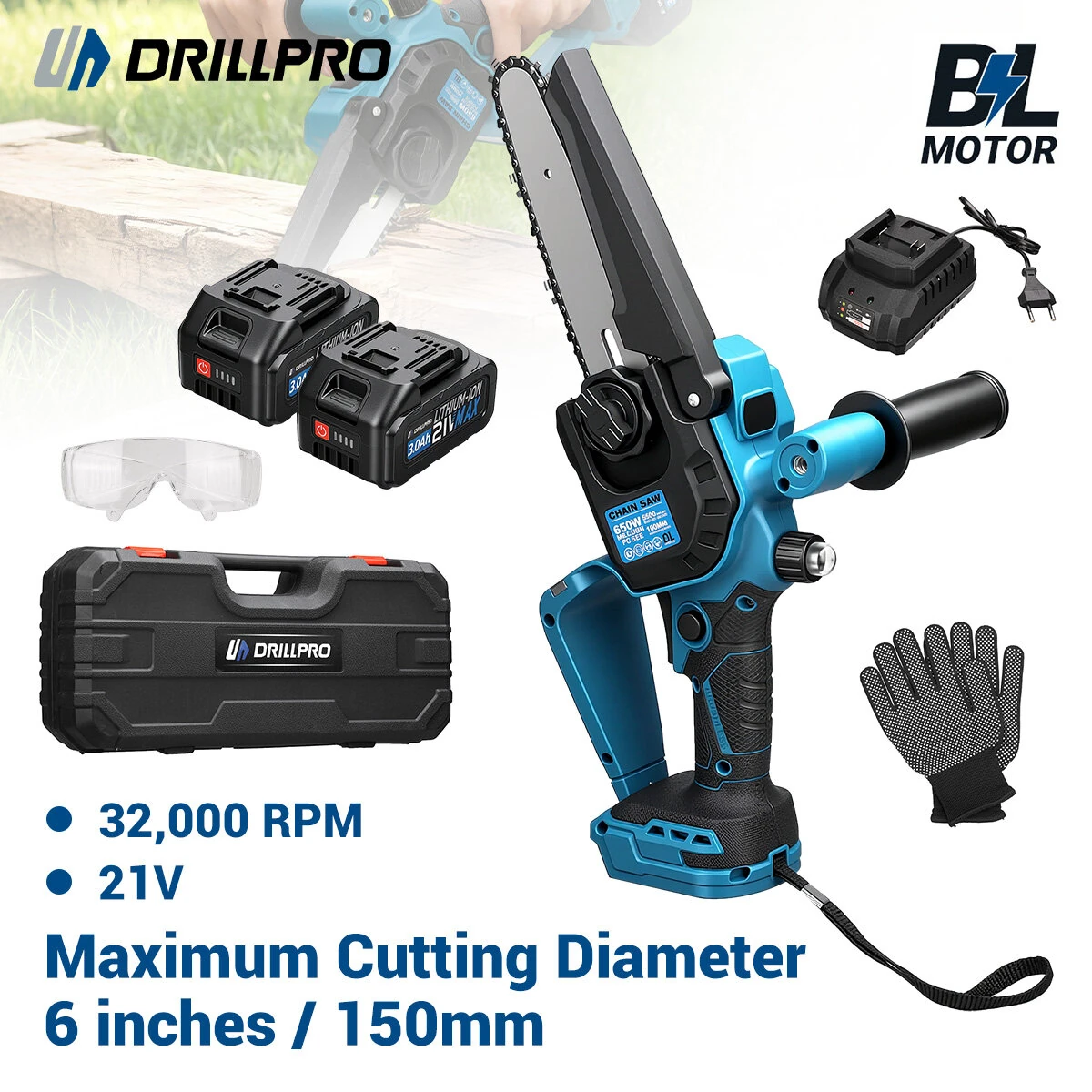 Drillpro Electric Chainsaw 6 Inch Cordless Brushless 21V 3.0Ah Battery Powered Chainsaw LED Light Automatic Chain Adjustment Oil Tank Lightweight Portable Chainsaw for Home Garden Cutting Wood