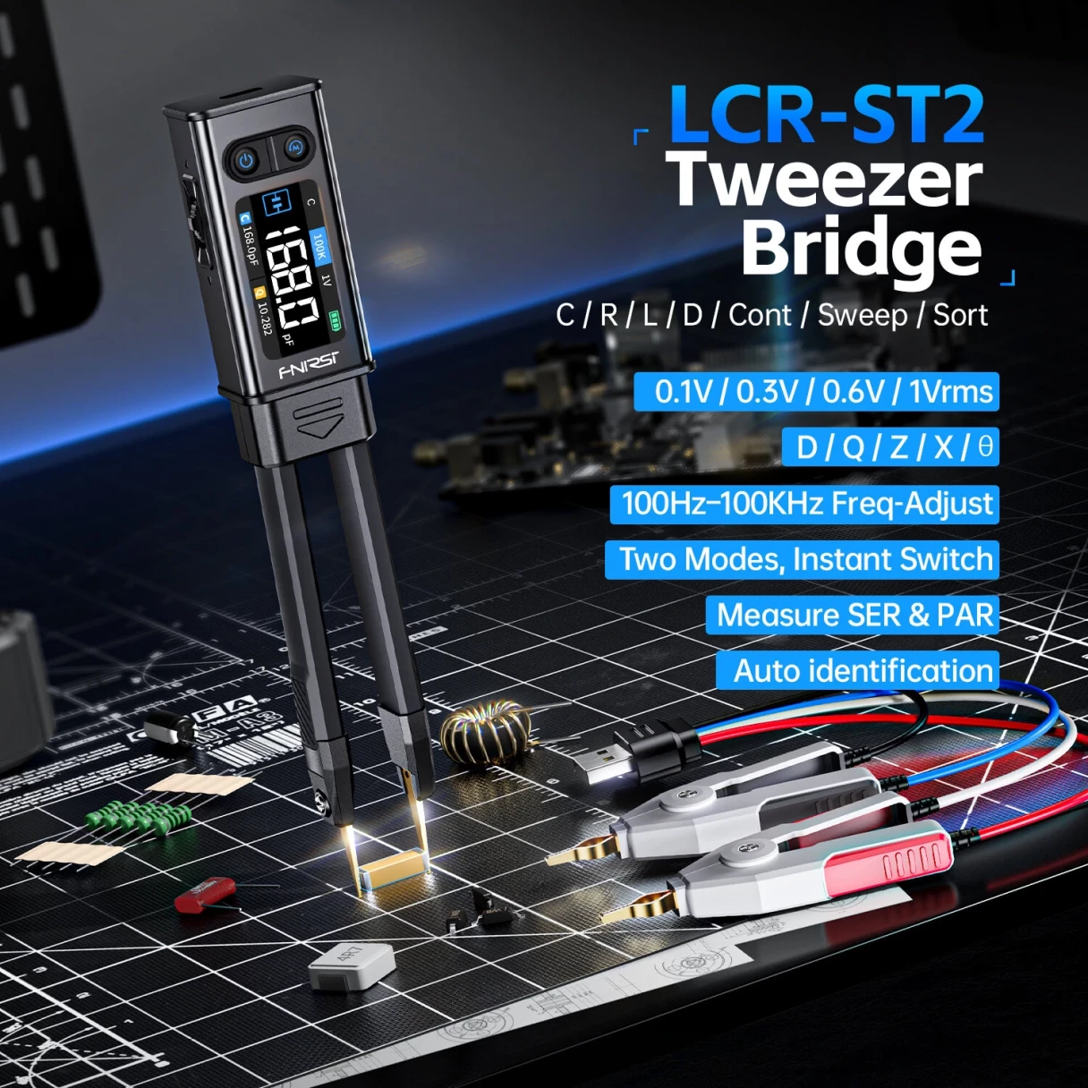 FNIRSI LCR-ST2 2-in-1 Digital Tweezer Bridge LCR ESR Meter SMD Test Kelvin Clip Electronic Component Multifunctional Tester Tool