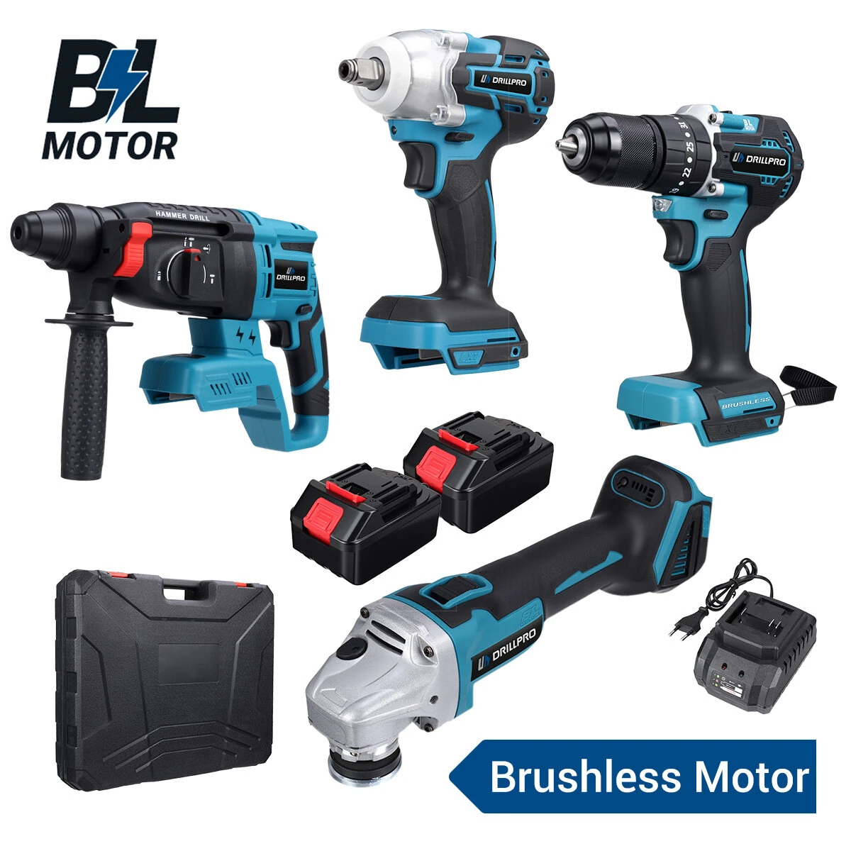 Drillpro 4pcs Power Tool Set Wrench Angle Grinder Hammer Drill Brushless Motor Come With 2 Batteries & 1 Charger