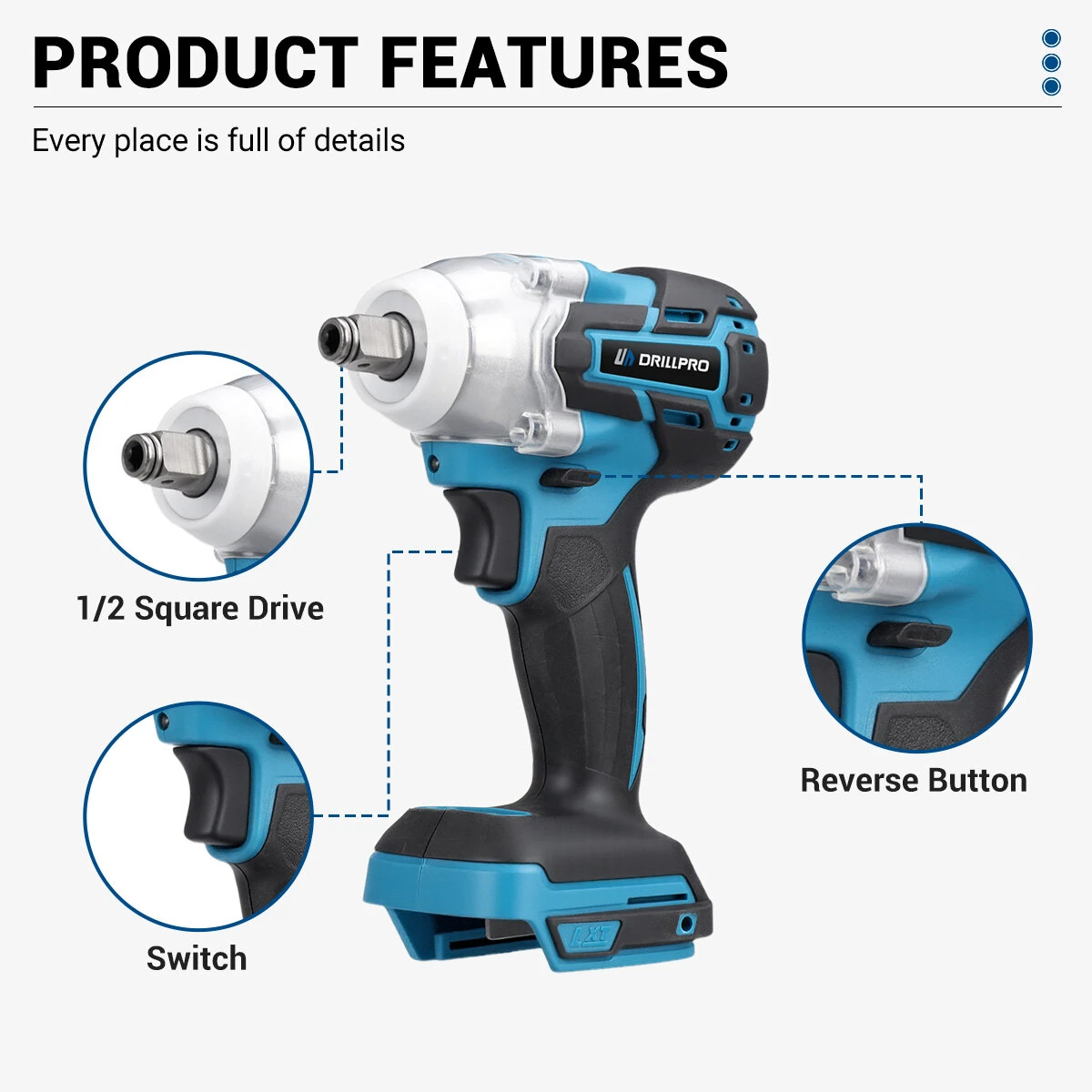 Drillpro 4pcs Power Tool Set Wrench Angle Grinder Hammer Drill Brushless Motor Come With 2 Batteries & 1 Charger