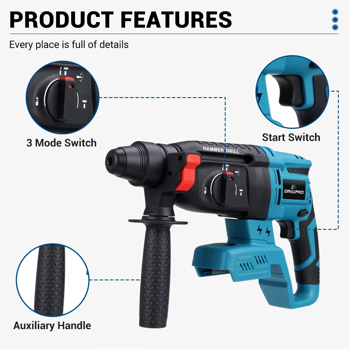 Drillpro 4pcs Power Tool Set Wrench Angle Grinder Hammer Drill Brushless Motor Come With 2 Batteries & 1 Charger