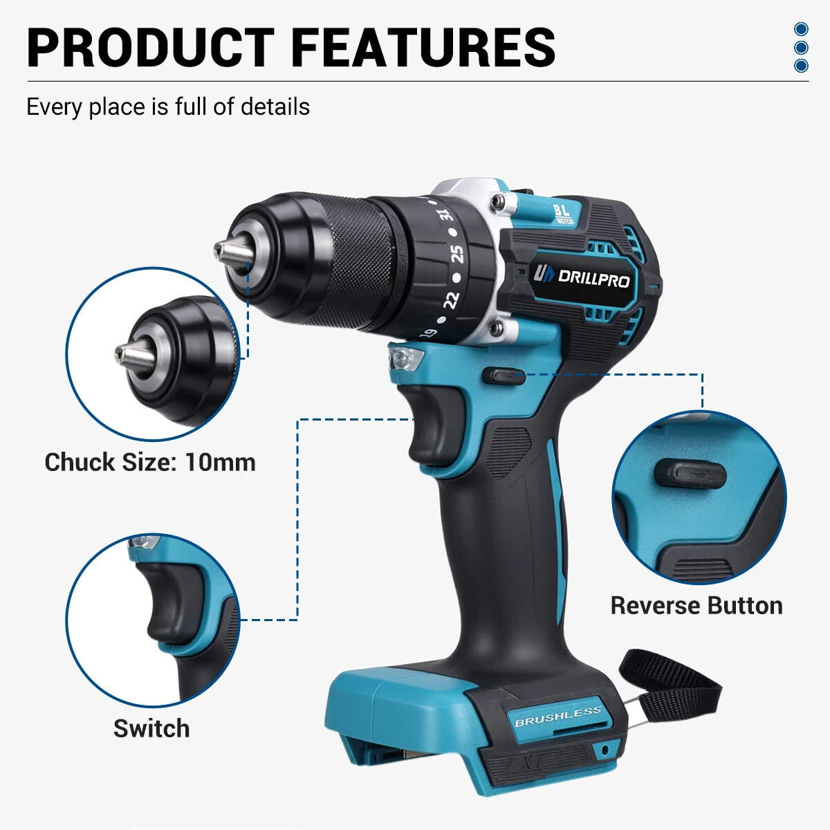 Drillpro 4pcs Power Tool Set Wrench Angle Grinder Hammer Drill Brushless Motor Come With 2 Batteries & 1 Charger