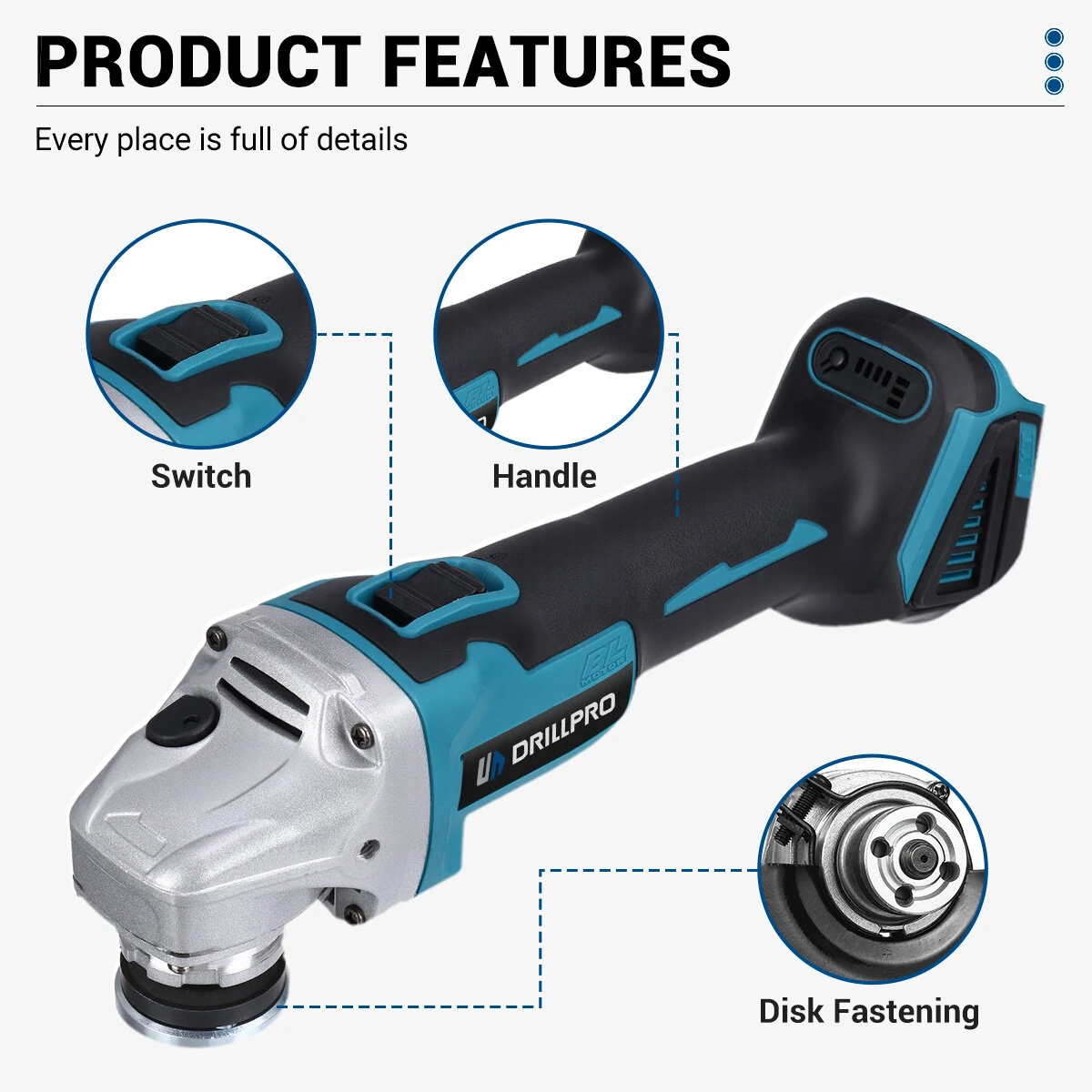 Drillpro 4pcs Power Tool Set Wrench Angle Grinder Hammer Drill Brushless Motor Come With 2 Batteries & 1 Charger