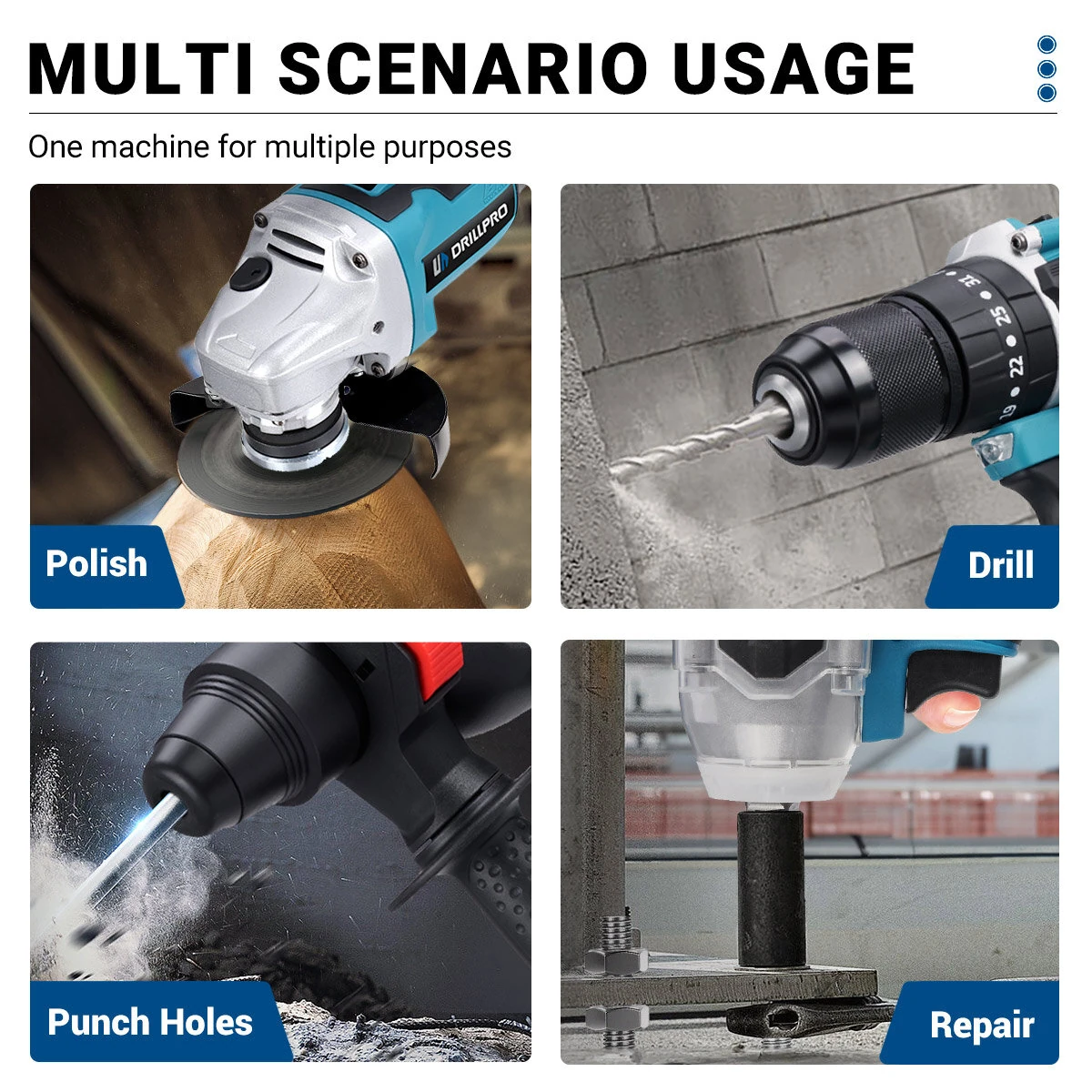 Drillpro 4pcs Power Tool Set Wrench Angle Grinder Hammer Drill Brushless Motor Come With 2 Batteries & 1 Charger