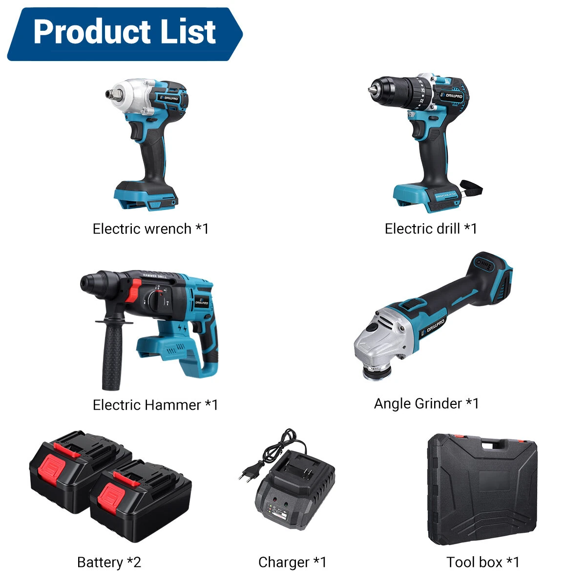 Drillpro 4pcs Power Tool Set Wrench Angle Grinder Hammer Drill Brushless Motor Come With 2 Batteries & 1 Charger