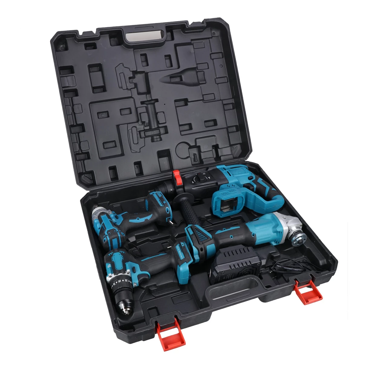 Drillpro 4pcs Power Tool Set Wrench Angle Grinder Hammer Drill Brushless Motor Come With 2 Batteries & 1 Charger