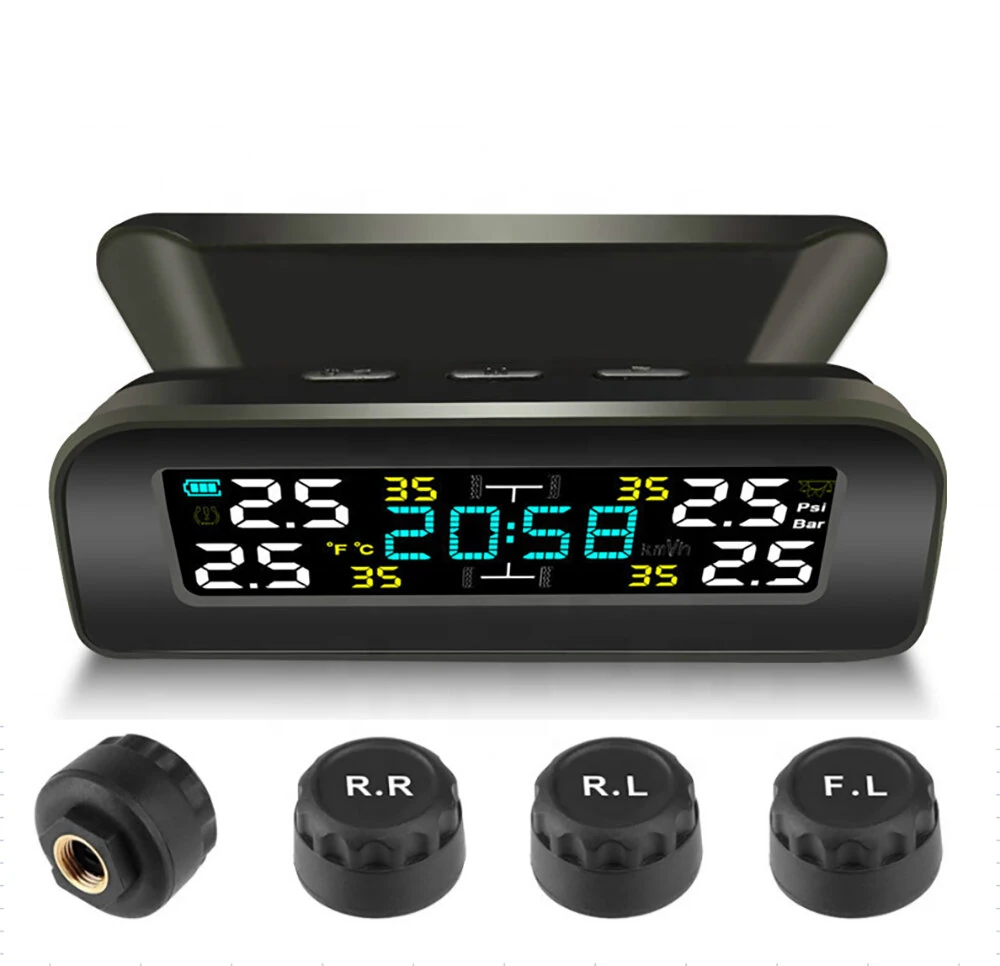 Tire Pressure Monitoring System Solar Clock LCD Display Car TPMS Wireless Tire Pressure Monitoring with 4 External Sensors