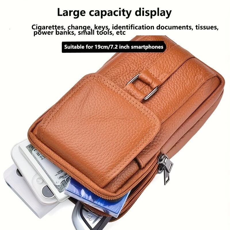 Men's Genuine Leather Mobile Phone Waist Bag Outdoor Work Key Chain Wear Belt Hanging Fanny Pack Portable Sport Hiking Small Crossbody Bag