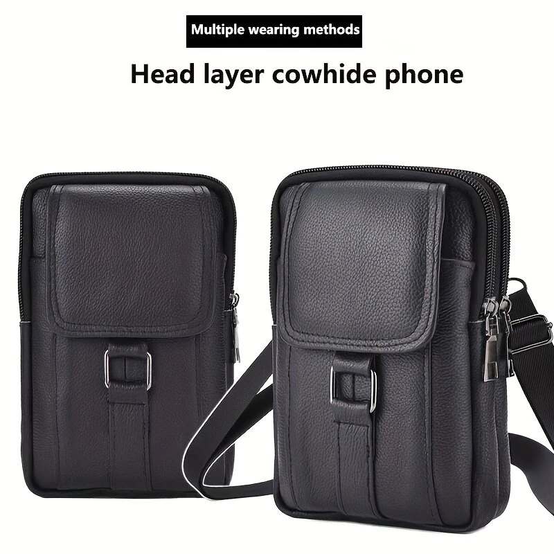 Men's Genuine Leather Mobile Phone Waist Bag Outdoor Work Key Chain Wear Belt Hanging Fanny Pack Portable Sport Hiking Small Crossbody Bag