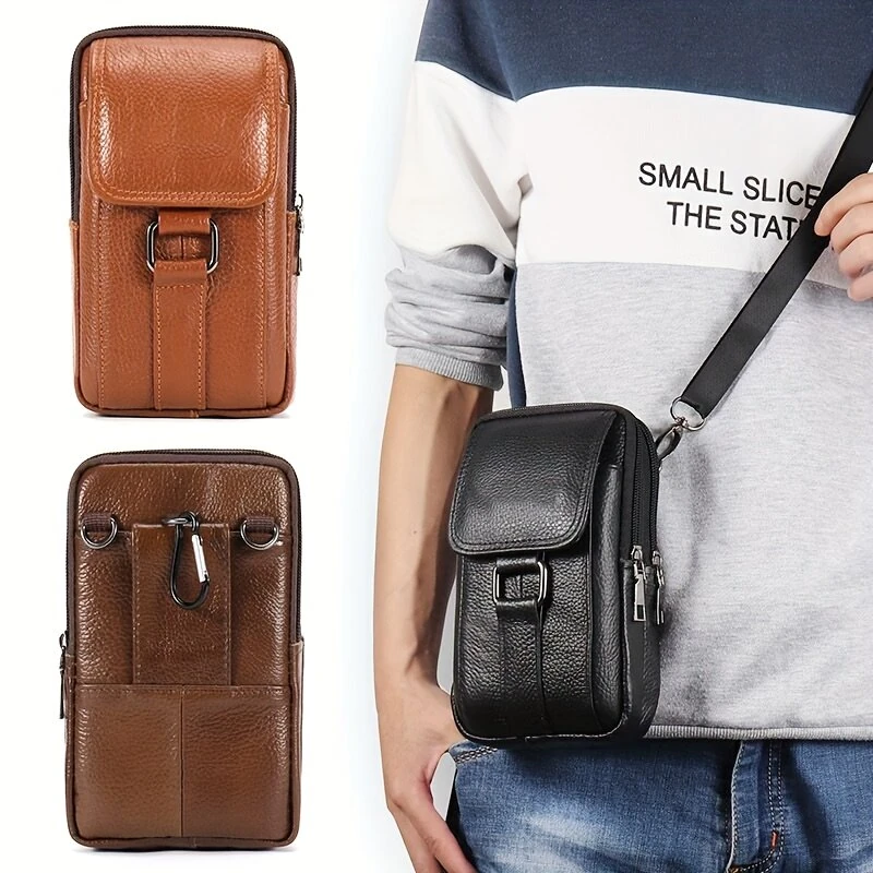 Men's Genuine Leather Mobile Phone Waist Bag Outdoor Work Key Chain Wear Belt Hanging Fanny Pack Portable Sport Hiking Small Crossbody Bag
