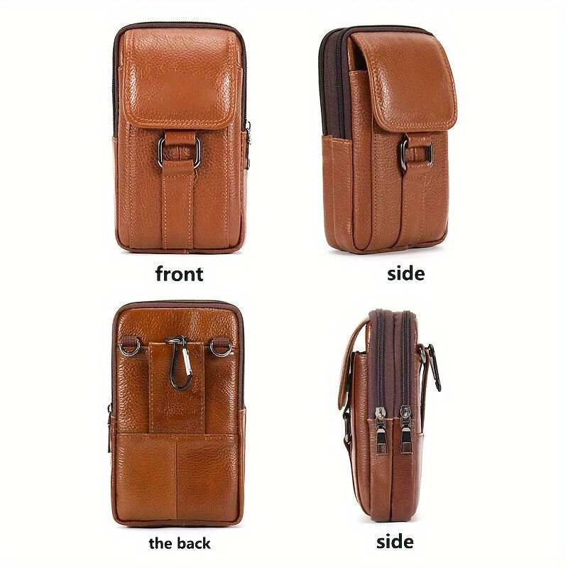 Men's Genuine Leather Mobile Phone Waist Bag Outdoor Work Key Chain Wear Belt Hanging Fanny Pack Portable Sport Hiking Small Crossbody Bag
