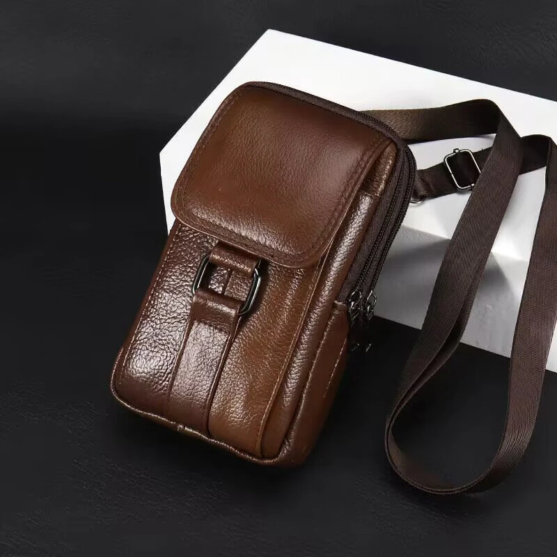 Men's Genuine Leather Mobile Phone Waist Bag Outdoor Work Key Chain Wear Belt Hanging Fanny Pack Portable Sport Hiking Small Crossbody Bag