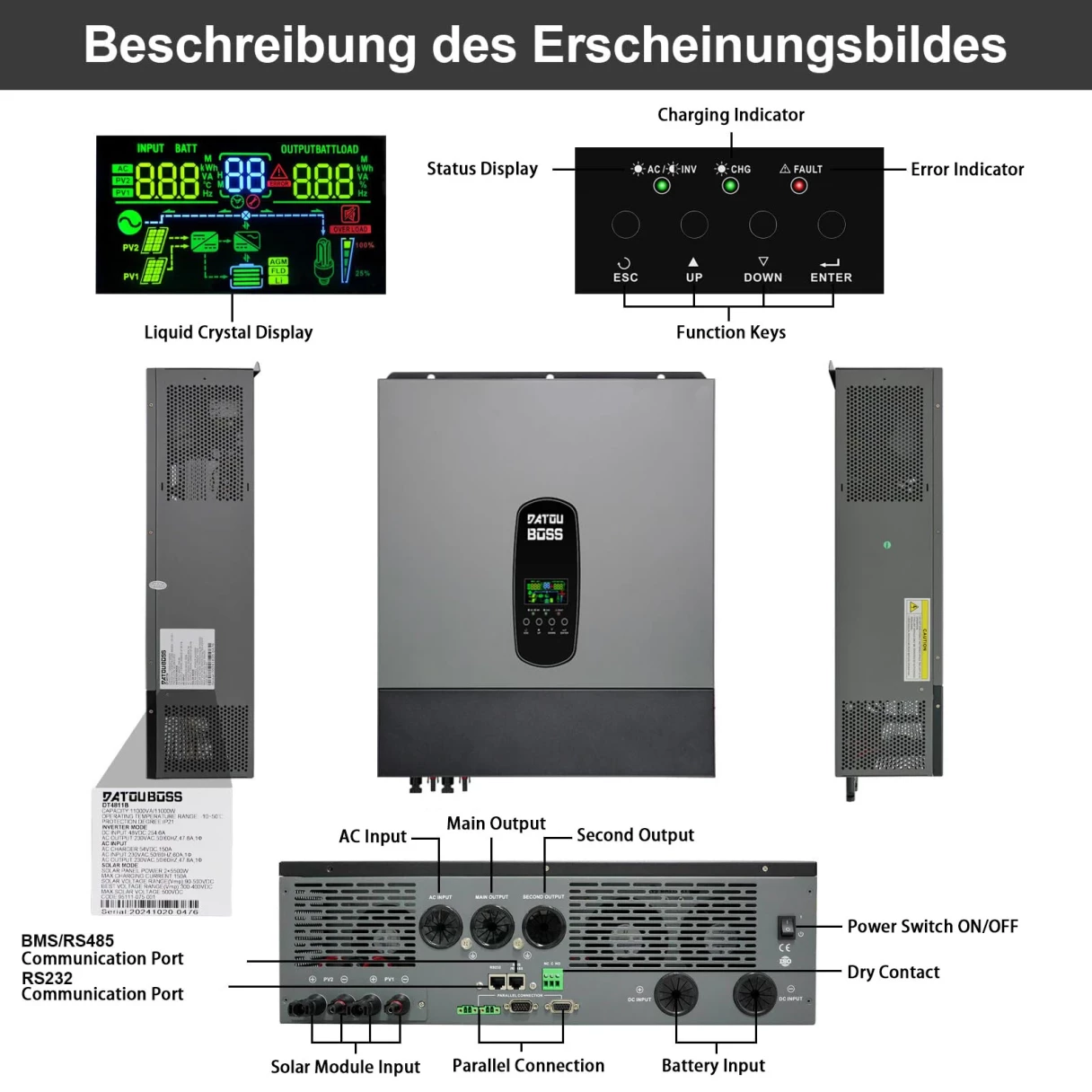 [EU Direct] DATOUBOSS 11000W Hybrid Solar Inverter 48V, 220V 11KW Grid-tie and Off-grid Inverter, Supports Parallel Operation, Integration into the Power Grid and Battery-Free Operation, With 150A MPPT Solar Charge Controller Dual PV Input