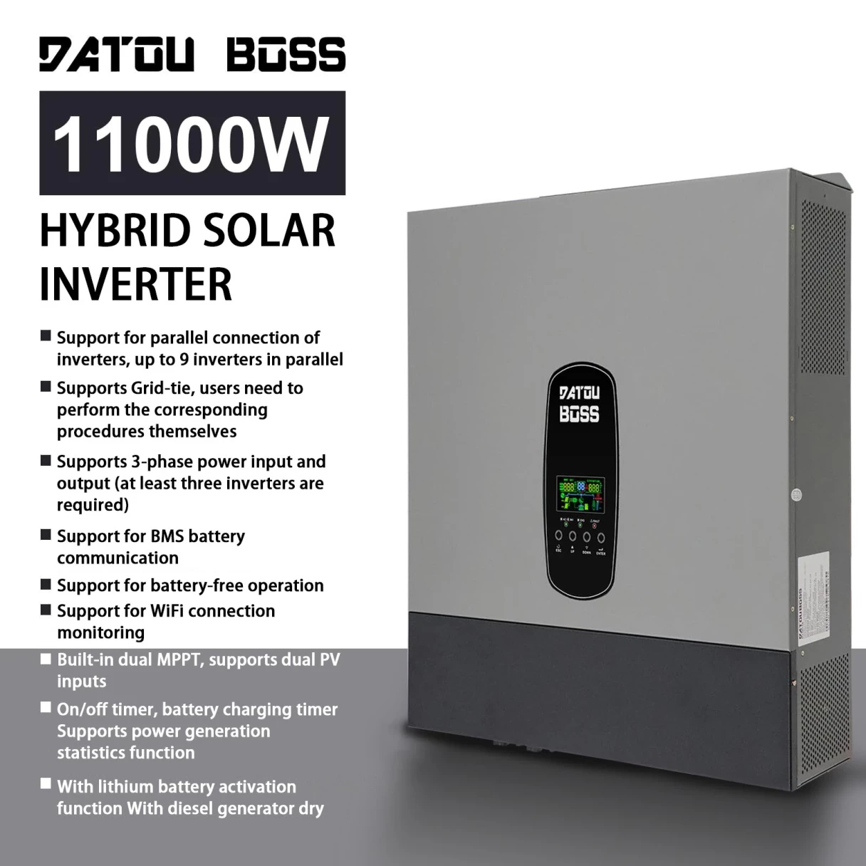 [EU Direct] DATOUBOSS 11000W Hybrid Solar Inverter 48V, 220V 11KW Grid-tie and Off-grid Inverter, Supports Parallel Operation, Integration into the Power Grid and Battery-Free Operation, With 150A MPPT Solar Charge Controller Dual PV Input