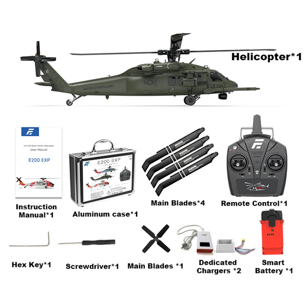Eachine E200 EXP UH-60 SH-60 MH-60 2.4G 6CH 6-Axis Gyro Optical Flow Localization Dual Brushless Motor 1:47 Scale Flybarless RC Helicopter RTF