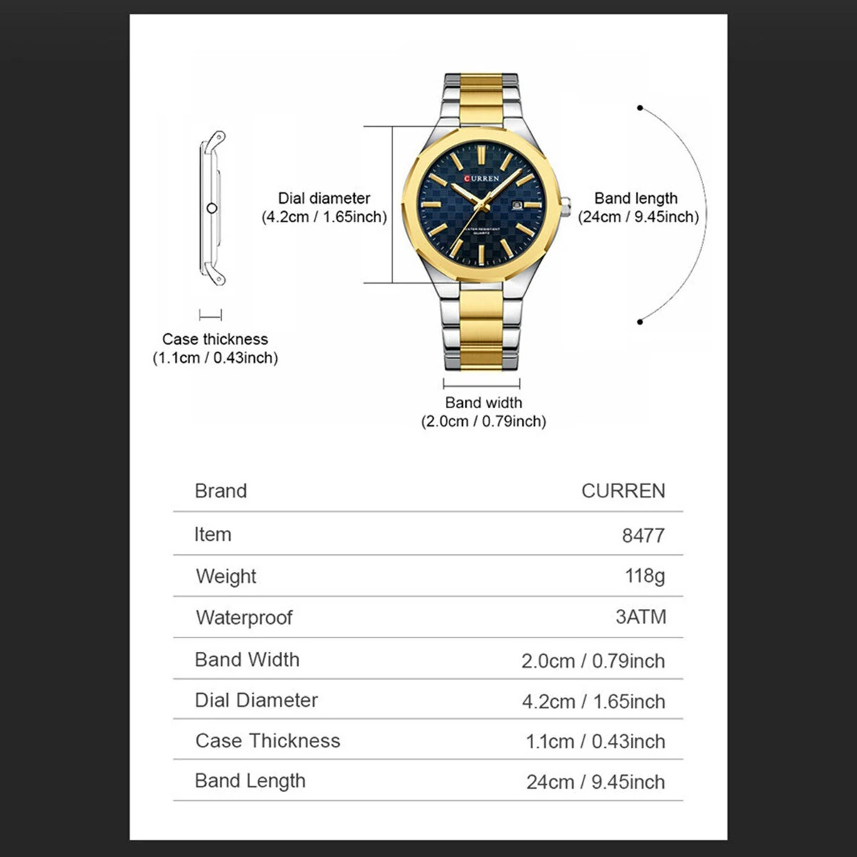 CURREN Men's Luminous Quartz Watch Stainless Steel Strap Waterproof Calendar Business Casual Stylish Wristwatch